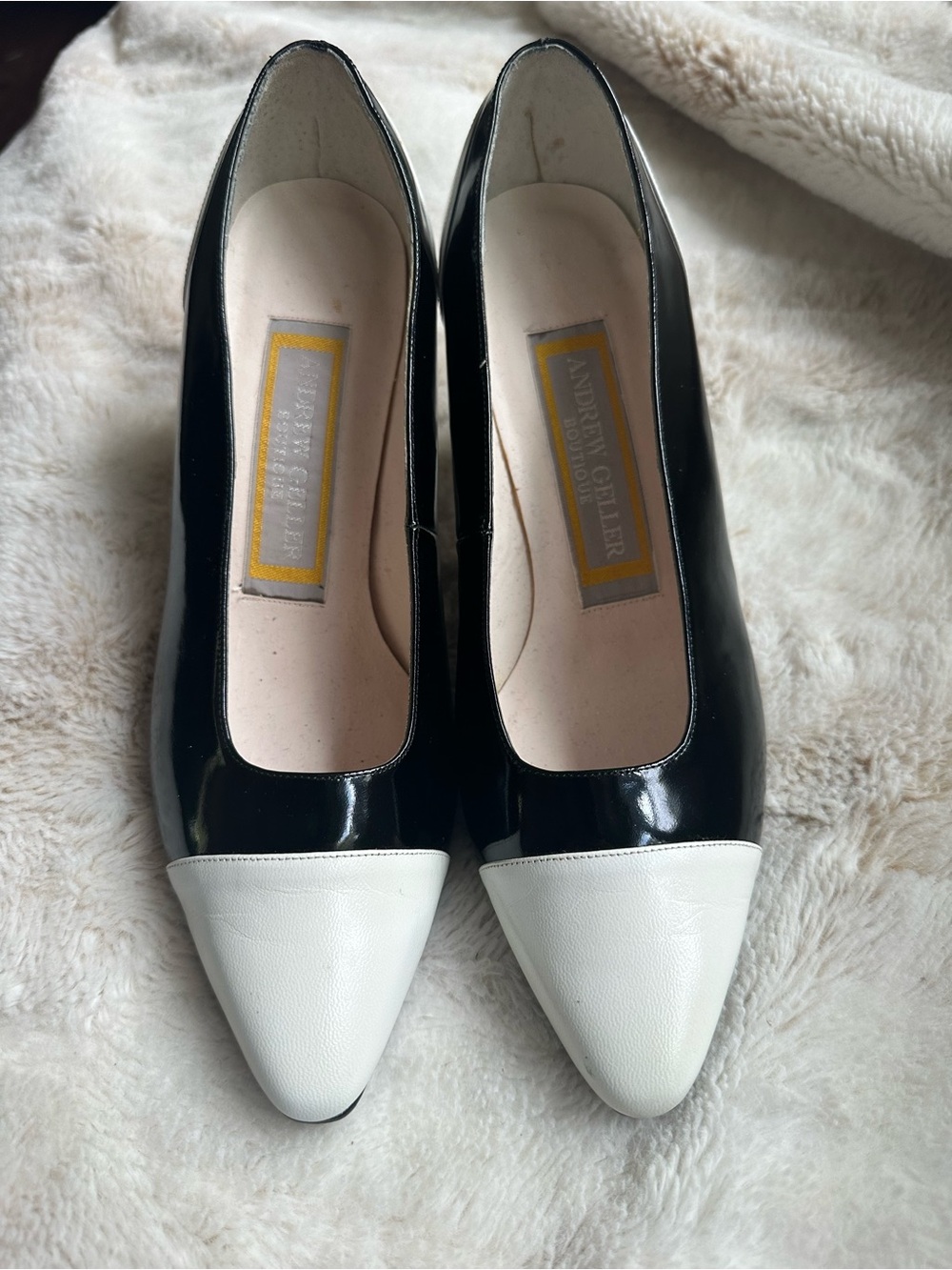 Andrew Geller Black Patent Pumps with White Pointed Toe